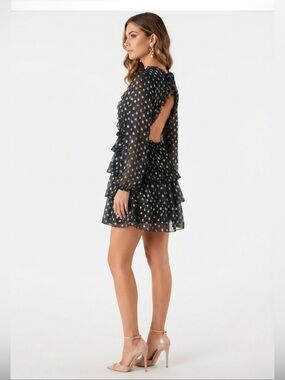 VICI Black Blue Polka Dot Metallic Chiffon Open Back Ruffle Tiered Mini Dress L